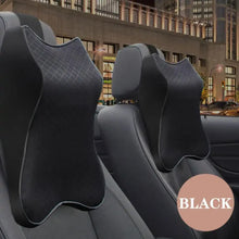 Load image into Gallery viewer, Black leather memory foam car pillow on a car seat, enhancing comfort and adding a touch of luxury and style to car interiors.