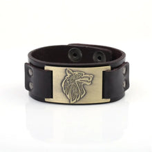 Load image into Gallery viewer, Vintage wide leather bracelet with woven wolf head design, symbolizing strength and style. Perfect for a bold, timeless accessory.