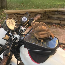 Cargar imagen en el visor de la galería, Touchscreen leather motorcycle gloves on bike, showcasing durability and comfort for seamless riding experience.