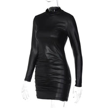 Load image into Gallery viewer, Be So Faux Real Faux Leather Ruched Mini Dress, black high-neck, long sleeves, sleek design, perfect for night out, edgy elegance