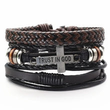 Cargar imagen en el visor de la galería, Men's leather bracelets with "Trust in God" inscription, stylish brown and black bangles for rugged sophistication.