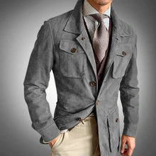 Load image into Gallery viewer, Jared Premium Vegan Suede Jacket in gray, styled with tie and dress shirt; elegant and sophisticated menswear fashion piece.