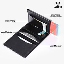 Load image into Gallery viewer, Open RFID blocking leather wallet displaying card holders, card case, and money clip; sleek, slim, and imported design for security.