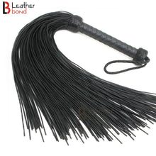 Cargar imagen en el visor de la galerĂa, Real Genuine Cow Hide Leather Lace Flogger - 100 Falls Black Heavy & Stingy Whip with braided handle and leather strands.