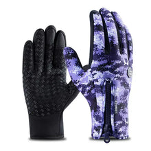 Load image into Gallery viewer, Purple camo waterproof outdoor sports gloves with touchscreen fingertips, ideal for cold-weather activities.