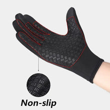 Load image into Gallery viewer, Waterproof winter glove with non-slip grip, designed for touchscreen use, features black textured palm and red stitching.