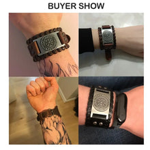 Cargar imagen en el visor de la galería, Collage of Retro Wide Leather Pirate Compass Bracelets on wrists, showcasing vintage style and functionality for effortless navigation.