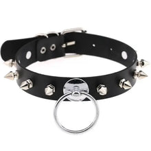 Cargar imagen en el visor de la galería, Black leather choker necklace with silver studs and round pendant in modern design.