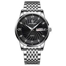 Load image into Gallery viewer, Elegant men's stainless steel watch with sleek black dial and date display, perfect for modern gentlemen's style and functionality.