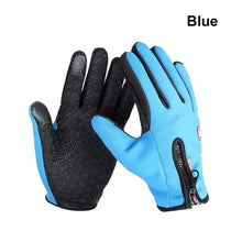 Load image into Gallery viewer, Blue waterproof winter gloves with touchscreen capability, featuring a zip closure, designed for warmth and smartphone use in cold weather.