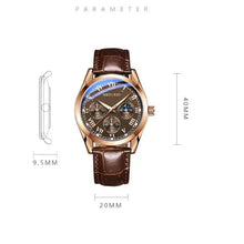 Cargar imagen en el visor de la galería, Men's Quartz Watch with vegan leather strap, luxury design, gold case, brown dial, and measurements showing 40mm diameter.