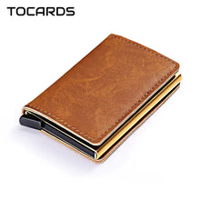 Load image into Gallery viewer, RFID Lock Vintage Automatic Vegan Leather Credit Card Holder with Aluminium, Slim Design, RFID Blocking, Brown.