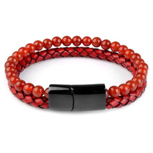 Charger l'image dans la galerie, Red natural stone and leather bracelet with secure clasp, elegant fashion accessory.
