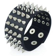 Cargar imagen en el visor de la galería, Faux leather bracelet with silver spikes, punk-inspired accessory, perfect for edgy fashion statement, durable and stylish design.
