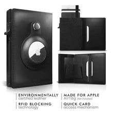 Load image into Gallery viewer, Black leather AirTag wallet with RFID blocking and quick card access, made from environmentally certified materials.