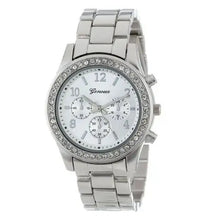 Load image into Gallery viewer, Luxury Women's Geneva Watch with silver bracelet, elegant design, and crystal accents.