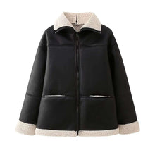 Load image into Gallery viewer, Cozy Chic bomber jacket in vegan leather with faux wool patchwork and fur liner, featuring lapel and zipper details for winter fashion.