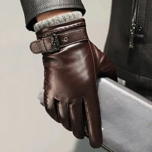 Charger l'image dans la galerie, Men's Winter Leather Gloves in brown, featuring soft cashmere lining, offering warmth and style for cold weather.