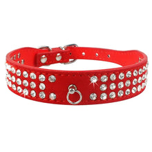 Cargar imagen en el visor de la galería, Red leather pet collar with sparkling rhinestones and a metal ring for puppies and cats.