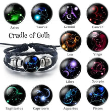 Cargar imagen en el visor de la galería, 12 Zodiac Signs Leather Bracelet featuring all zodiac constellations, perfect astrological accessory for personalized style.