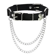Cargar imagen en el visor de la galería, Black leather choker necklace with heart detail and silver chains, edgy fashion accessory.