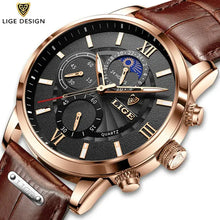 Load image into Gallery viewer, 2023 LIGE luxury men's watch with vegan leather strap, featuring a black dial, chronograph sub-dials, and rose gold casing.