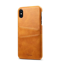 Cargar imagen en el visor de la galería, Luxury vegan leather phone back cover in tan with sleek matte finish and built-in card pocket, half-wrapped design for premium protection.