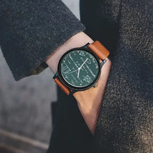 Load image into Gallery viewer, Close-up of a stylish casual watch with brown leather strap, worn on a person's wrist, featuring a detailed green dial.