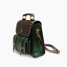 Load image into Gallery viewer, Bumblebee vegan leather backpack in green and brown, featuring multiple compartments, sleek design, and professional style.
