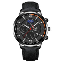 Cargar imagen en el visor de la galería, Men's casual leather watch with black dial and strap, showcasing timeless elegance and durability for any occasion.