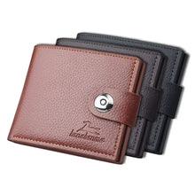Cargar imagen en el visor de la galería, Men's retro woven pattern leather wallets in brown, grey, and black, featuring a stylish design with a secure button closure.