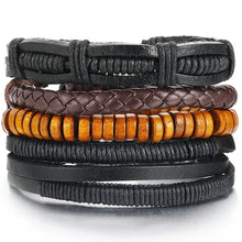 Charger l'image dans la galerie, Multilayer leather bracelet featuring black, brown, and wood textures, perfect for style and durability.
