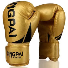 Load image into Gallery viewer, Premium gold boxing gloves with black logo, designed for comfort and protection during sparring sessions.