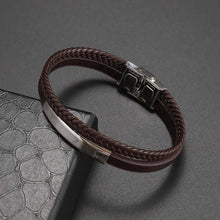 Cargar imagen en el visor de la galería, Classic hand woven multi-layered vegan leather bracelet for men, featuring sleek black design and elegant alloy clasp on grey background.
