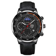 Cargar imagen en el visor de la galería, Men's casual leather watch with black strap and detailed black dial featuring multiple subdials for a timeless and elegant look.