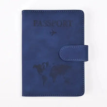 Cargar imagen en el visor de la galería, Blue PU Leather Passport Holder with World Map Design and Snap Closure