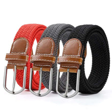 Cargar imagen en el visor de la galería, Three elastic leather belts with alloy buckles in red, grey, and black, offering style and comfort.