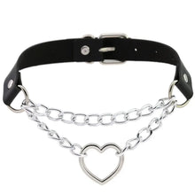 Cargar imagen en el visor de la galería, Black leather choker with silver heart and chain design, modern accessory