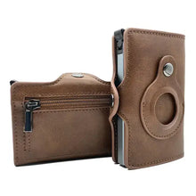 Load image into Gallery viewer, Slim trifold brown vegan leather wallet for Apple AirTags, featuring carbon fiber, 8 card slots, money clip, and Airtag cover.