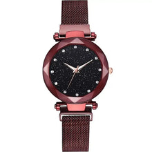 Load image into Gallery viewer, Women's luxury diamond watch with red metallic strap and elegant black dial featuring diamond markers.
