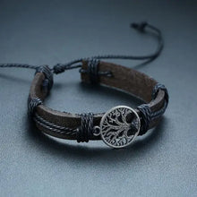 Cargar imagen en el visor de la galería, Brown braided wrap leather bracelet with tree of life charm, vegan and durable, ethnic design for men.