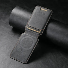 Cargar imagen en el visor de la galería, Luxury Leather Mobile Magnetic Card Holder for iPhone 14-15, sleek black design, combines style and functionality for everyday use.