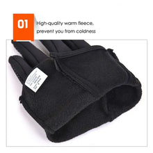 Load image into Gallery viewer, Close-up of black touchscreen-compatible unisex gloves with warm fleece lining, highlighting the high-quality material for warmth.