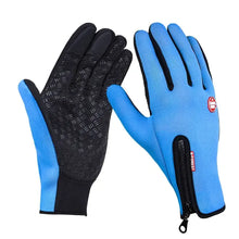 Load image into Gallery viewer, Blue unisex touchscreen-compatible gloves with black grip, perfect for smartphone use in cold weather.