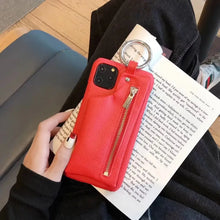 Cargar imagen en el visor de la galería, Red luxury zipper PU leather wallet case for iPhone with built-in wallet feature, elegant design