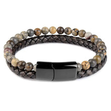 Charger l'image dans la galerie, Genuine leather bracelet with natural stone accents and black clasp, enhancing style and elegance.