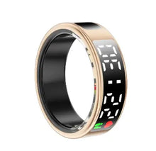Cargar imagen en el visor de la galería, Gold smart ring with display screen for notifications, fitness tracking, and health monitoring, featuring a sleek design for finger wear.