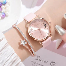 Charger l'image dans la galerie, Elegant Moon Bracelet & Watch Set with pink dial and celestial charm on woman's wrist, perfect for adding sophistication and flair.