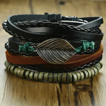 Cargar imagen en el visor de la galería, Vnox 4Pcs Braided Vegan Leather Bracelets Set with Zinc Alloy Accents and Lace-up Clasp on Wooden Surface