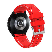 Cargar imagen en el visor de la galería, Red silicone sports bracelet for Samsung Galaxy Watch, 20mm size, shown on a Watch 4 Classic model, highlighting style and durability.